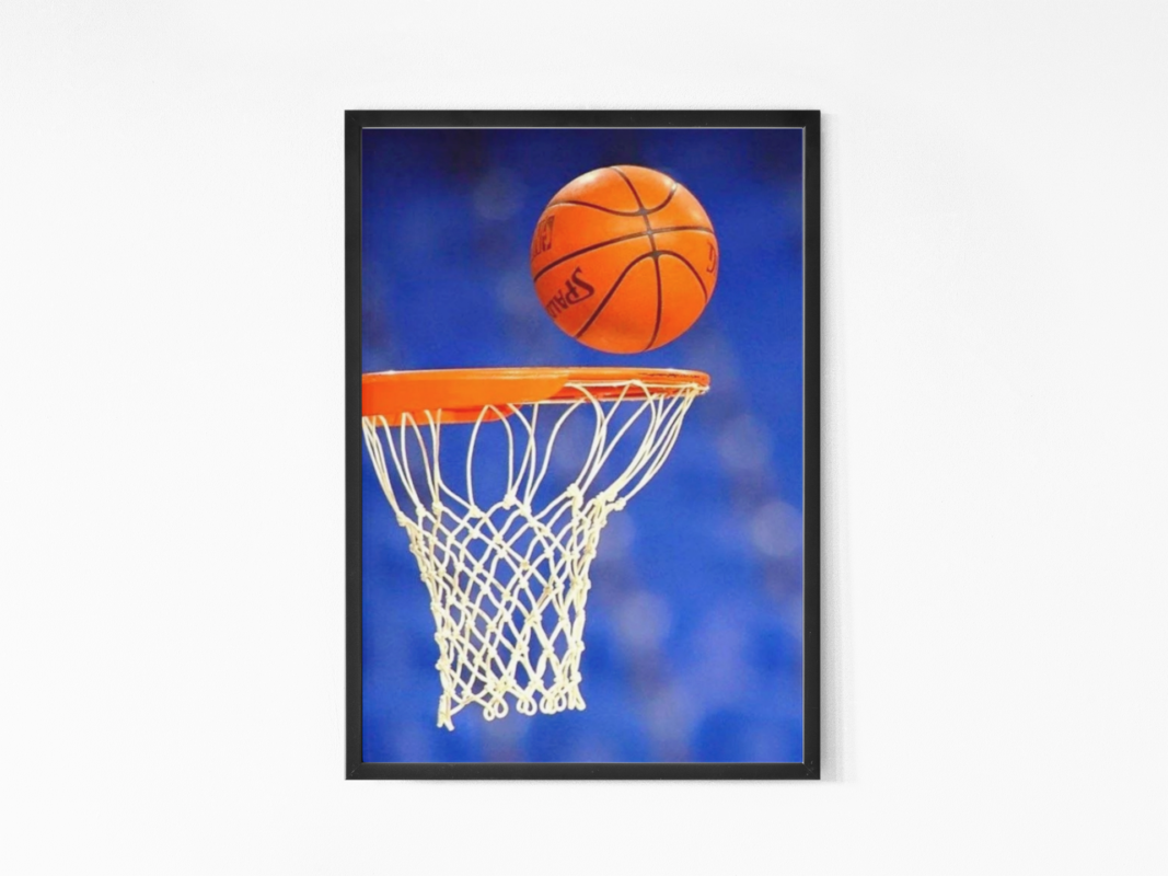 Basketball on Hoop Glass Framed Wall Poster mockup