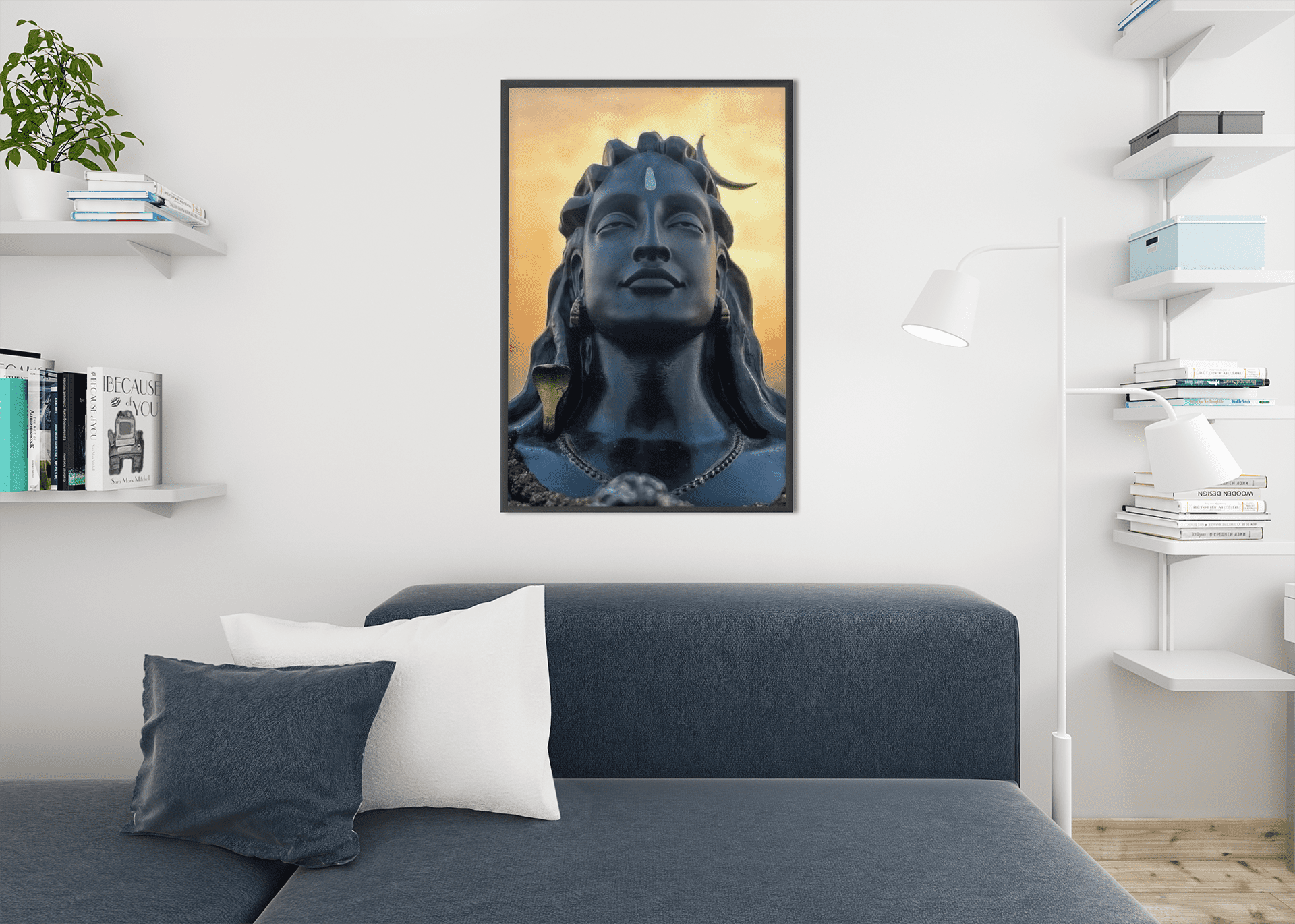 mockup of an art print frame placed in a modern living room 1970 el1