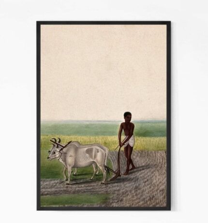 A Man Ploughing Land with Oxen painting Wall Art