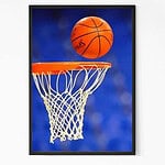 Basketball on Hoop Glass Framed Wall Poster