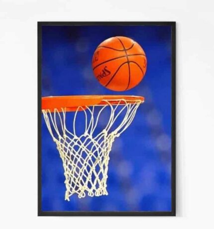 Basketball on Hoop Glass Framed Wall Poster