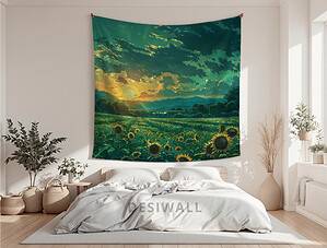 Sunset on Sunflower Field Tapestry