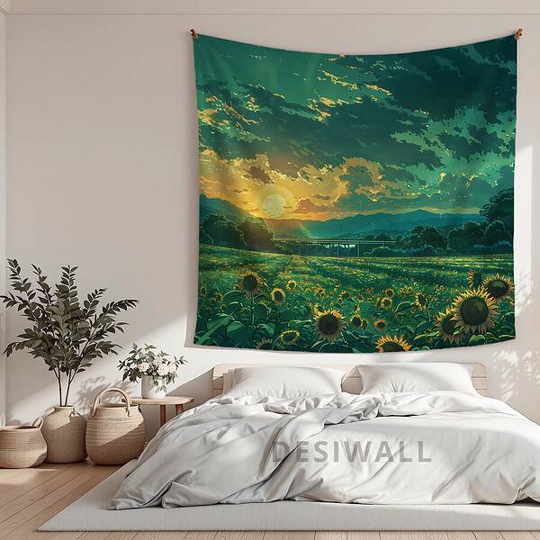 Sunset on Sunflower Field Tapestry